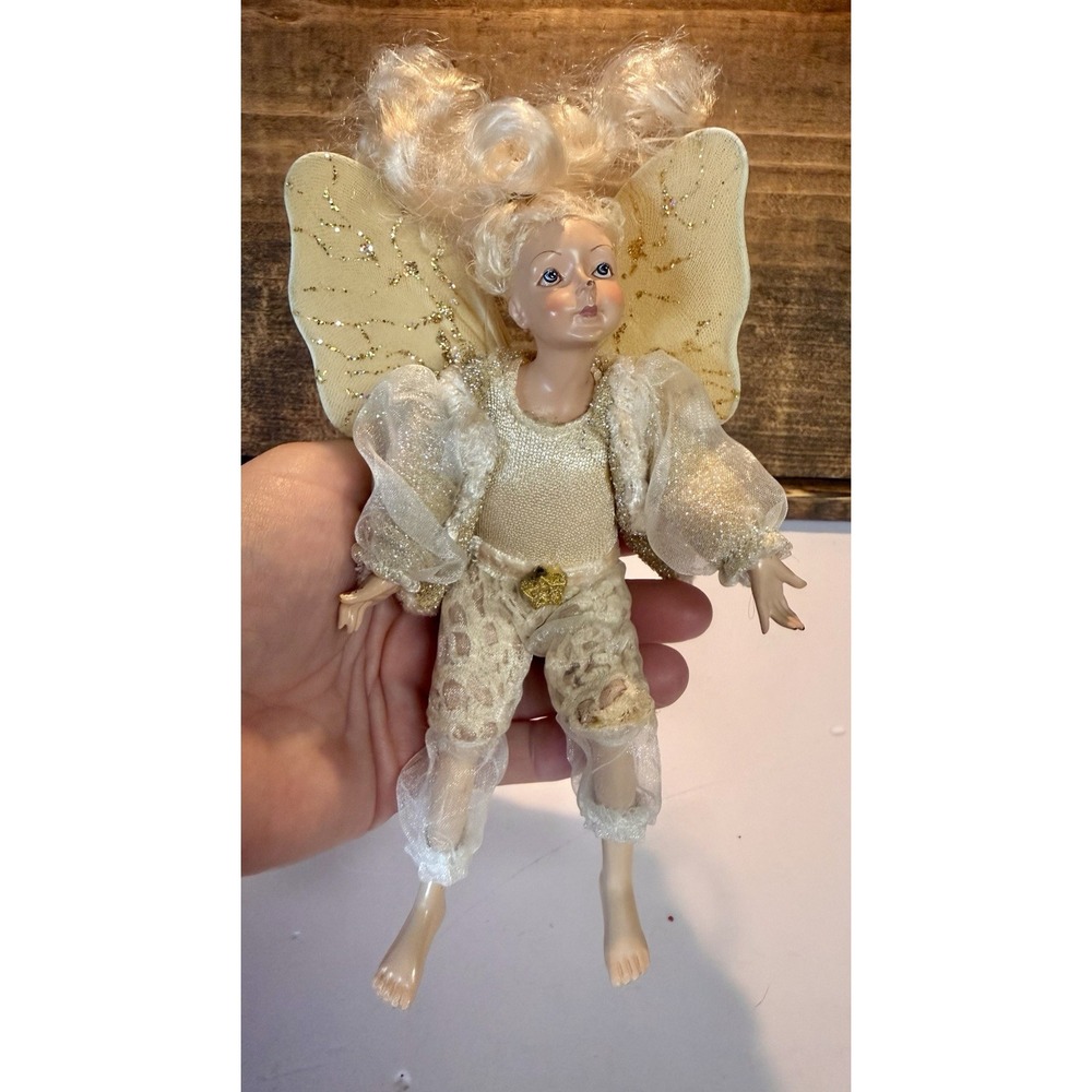 Vintage Fairy Angel Doll Ornament 8" Cream Gold Glitter Wings Holiday Decor